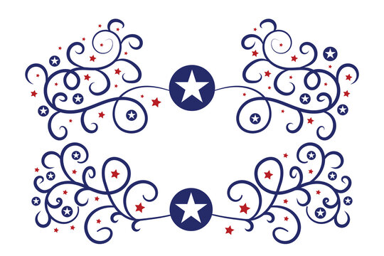 4th of July lettering header Ornate swirls, patriotic red stars, and blue Elegant fancy separators Decorative Elements, American Independence Day Calligraphy Flourishes text dividers