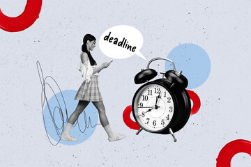 Poster - Creative collage young girl teenager student pupil walk typing look smartphone deadline miss time management alarm clock regime punctuality