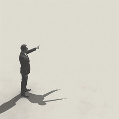 Wall Mural - man wearing a black suit standing on a white background, she points to the side with her arm outstretched, a long shadow is cast in the style of her hand