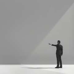 Wall Mural - man wearing a black suit standing on a white background, she points to the side with her arm outstretched, a long shadow is cast in the style of her hand