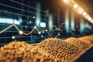 Poster - A detailed view of grains moving along a conveyor belt, showcasing the industrial process of grain transportation, An area chart showing the exponential growth of a particular commodity, AI Generated