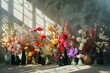 A collection of vases filled with assorted colored flowers arranged in a vibrant display, An array of bouquets in vases, casting dreamlike shadows, AI Generated
