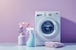 Washing machine with detergent and laundry on a purple background