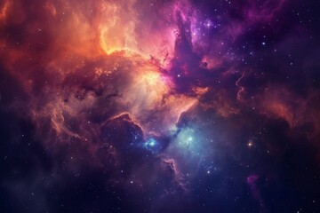 Wall Mural - A vibrant space scene featuring an array of colorful stars and billowing clouds floating in the sky, An array of brilliant colors merging at the epicenter of a nebula, AI Generated