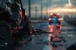 Close-up of a vehicle wreck on a rain-soaked road, dusk setting in with emergency lights ablaze Concept of traffic accidents