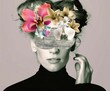 Blindfolded woman with flowers in her hair representing the concept of beauty being subjective and in the eye of the beholder