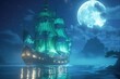 Serenity envelops a battleship with ghostly attributes, its sails a vibrant shade of emerald as it sails through a moonlit backdrop, its spectral crew guiding it silently through the night , 3DCG