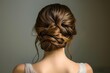 A woman with long hair is pictured with a neatly braided hairstyle, An elegant chignon style from the perspective of a behind-the-scenes hairstylist, AI Generated