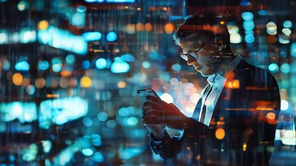 YOUNG MAN WITH GLASSES, WORKING WITH HIS PHONE IN THE OFFICE. VIDEO. HORIZONTAL.