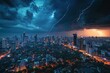 A Cityscape of Tall Buildings Under a Cloudy Sky, An enchanting skyline view of a city during a thunderstorm, AI Generated