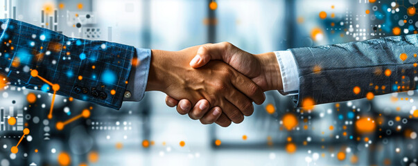 Poster - Business Strategists Analyze Digital Data for Partnership Growth, Teamwork Planning, Investment Analysis on Hologram Tablets