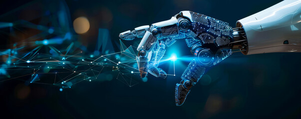 Poster - advances in ai technology - robot hands interacting with big data on global network, depicting futur