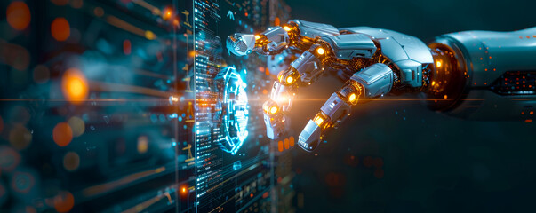 Poster - Futuristic AI Robot Hands Analyzing Big Data on Global Network - Machine Learning Advances Impacting Human Life and Business