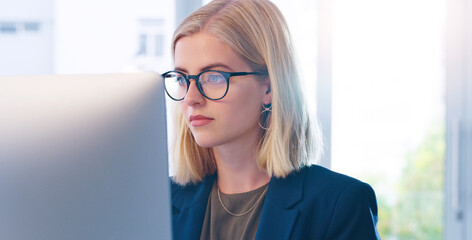 Aufkleber - Serious, glasses and computer for working, woman and vision for typing, job and receptionist in agency. Secretary, laptop and internet in workplace, email and schedule of company by female employee