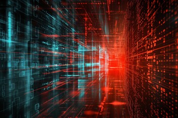 Poster - This photo showcases a dynamic and eye-catching red and blue background filled with numerous intricate lines, An image symbolizing denial-of-service (DoS) attack in abstract design, AI Generated