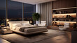 Modern apartment bedroom comfortable bed near window ,The modern bedroom and closet room interior design ,Corner of stylish master bedroom with gray and wooden walls, cocnrete floor and comfortable 