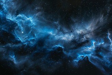 Canvas Print - This photo captures a vast and celestial space featuring a deep blue and black background filled with numerous twinkling stars, An intricate pattern of stardust clouds in a nebula, AI Generated