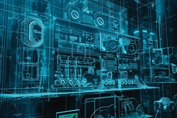 Poster - A computer screen covered in a complex network of wires, showcasing a multitude of interconnected components, An intricately detailed blueprint of a NAS system, AI Generated