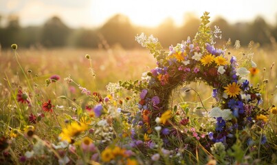 Wall Mural - Wildflowers wreath on a sunny meadow. Sunny green natural background. Summer solstice concept. Symbol of Beltane.