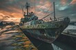A rusted boat sits motionless on top of a dry dock, showing signs of age and neglect, An old, moss-covered naval ship abandoned in a deserted dock, AI Generated