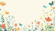 © MUS_GRAPHIC - Floral patterns around edges. Beautiful background with delicate plants blooming at edges on white backdrop. Horizontal border with pastel spring summer flowers