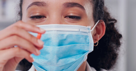 Wall Mural - woman, pills or drugs with mask in lab for medicine, health science and development of product. fema