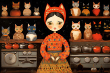 Cozy Kitchen Scene, Lady Surrounded By Curious Cats, Folk Art Style ,  High Resolution