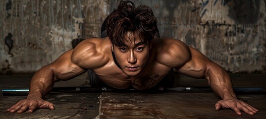 Wall Mural - Asian man demonstrating strength and determination in dynamic fitness poses against studio backdrop