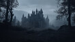Background for a scary fairy tale background, a dark gothic castle in a dark dead valley, some kind of gray place in a gloomy area of a mountainous region