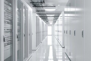 Poster - This photo captures a long hallway filled with neatly arranged rows of white servers, Artistic representation of a pristine white server rack, AI Generated