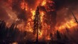 Solitary pine standing tall against a fiery inferno, an evocative image of the ferocity of forest fires and nature's indomitable spirit