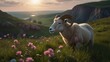 Amidst a mountainous terrain, a sheep stands out with its majestic horns. The wild bighorn is captured in a close-up, surrounded by green grass, symbolizing the serene connection between wildlife