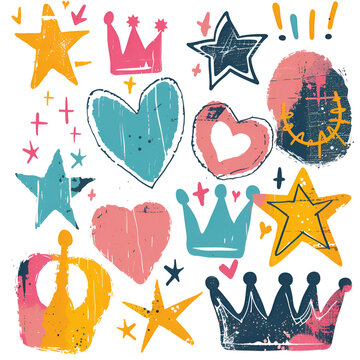 Abstract element shape set. Color graphic modern abstract sticker element. Doodle geometric collage star, crown, heart shape set. Hand drawn texture grunge sketch brush effect.