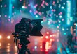 © Qstock - Professional DSLR Camera on Tripod Filming at Night with Colorful Bokeh Lights