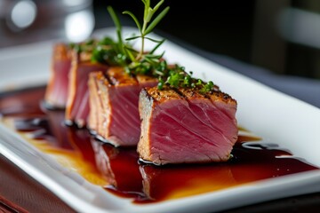 A white plate filled with a savory dish of meat smothered in an appetizing sauce, creating a delectable presentation, Atlantic bluefin tuna roasted to perfection, AI Generated