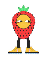 Poster - Happy strawberry sneakers 2D linear cartoon character. Smiling fruit wearing sport shoes isolated line vector personage white background. Y2k groovy retro fruit color flat spot illustration