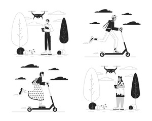 Poster - Technology in everyday life black and white cartoon flat illustrations set. Multicultural people 2D lineart characters isolated. Drone UAV, e-scooter monochrome scenes vector outline images collection