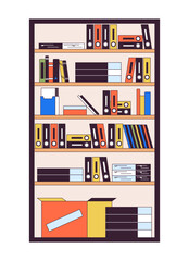 Poster - Bookcase filled with folders and boxes 2D linear cartoon object. Office shelving unite with supplies isolated line vector element white background. Interior design color flat spot illustration