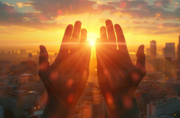 Wall Mural - Hands, palms and sunset with hope worship at cityscape for future prayer with believe, peace or light. Person, fingers and never give up or grateful with praise with thanks or faith, sky or evening