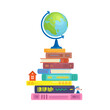 Large stack of books with toys and globe on the top.  Isolated on white background. Vector flat illustration