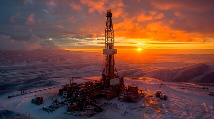 Wall Mural - Sunset Over Snowy Drilling Rig: The Pulse of Energy Exploration. Concept Sunset, Snowy, Drilling Rig, Energy Exploration, Nature Beauty