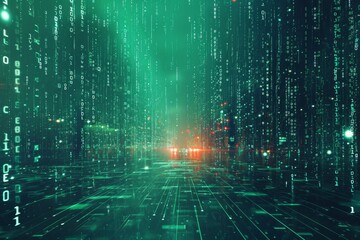 Poster - A photo featuring a background composed of vibrant green and black hues, showcasing numerous numbers, Binary code visualizations as a representation of virtual reality world, AI Generated