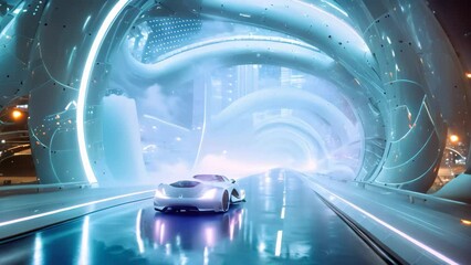 Sticker - A sleek and modern futuristic car propels itself at high speed through a brightly illuminated tunnel, Futuristic nanotech in transportation