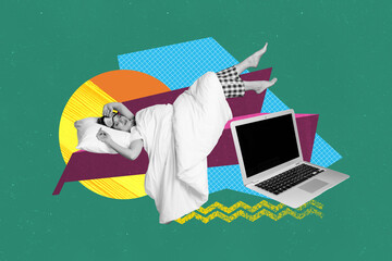 Poster - Composite collage picture image of lying female enjoy sleeping netbook app fantasy billboard comics zine minimal