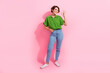 © deagreez - Full length photo of lovely young lady show okey symbol approve good quality wear trendy green garment isolated on pink color background