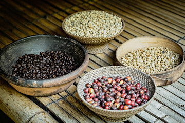 Close up of raw coffee beans, Bali, Indonesia