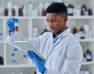 Poster - Science, man or liquid for test with tablet in lab for medical study, chemistry development or digital analysis. Scientist, african expert or vial for healthcare inspection or drug trial breakthrough