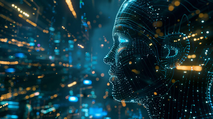 Poster - a computer-generated face with a blue background. the face is surrounded by a lot of lines and dots,