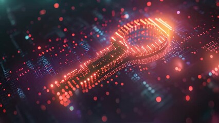 Poster - A close-up photo of a magnifying glass placed on top of a digital binary code background, Glowing digital keys being used to unlock encrypted data