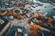 This photo showcases the dynamic urban landscape of a city, with numerous towering buildings and bustling streets, Bird's eye view of Helsinki's harbor area, AI Generated